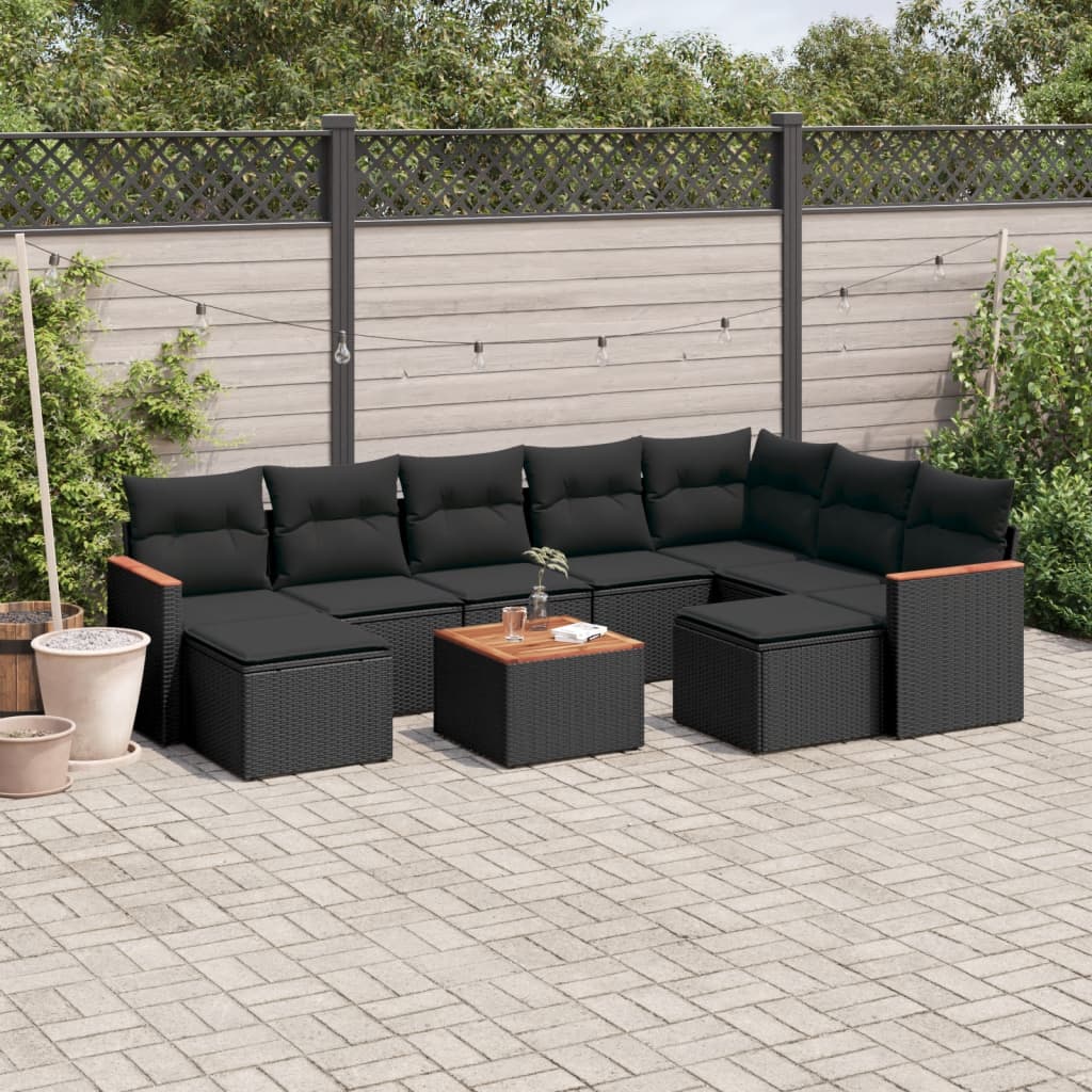 Set Divani Da Giardino 10pz Con Cuscini In Polyrattan Nero