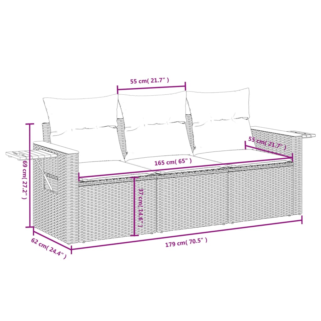 Set Divani Da Giardino 3 Pz Con Cuscini In Polyrattan Nero - Image 3