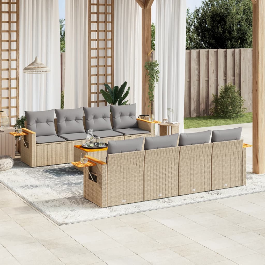 Set Divano Da Giardino 9 Pz Con Cuscini Beige In Polyrattan