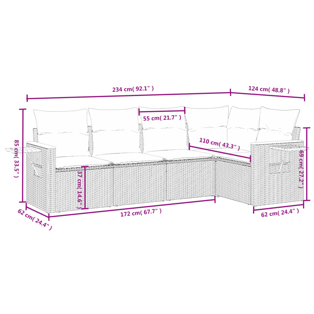 Set Divano Da Giardino 5 Pz Con Cuscini Grigio In Polyrattan - Image 3