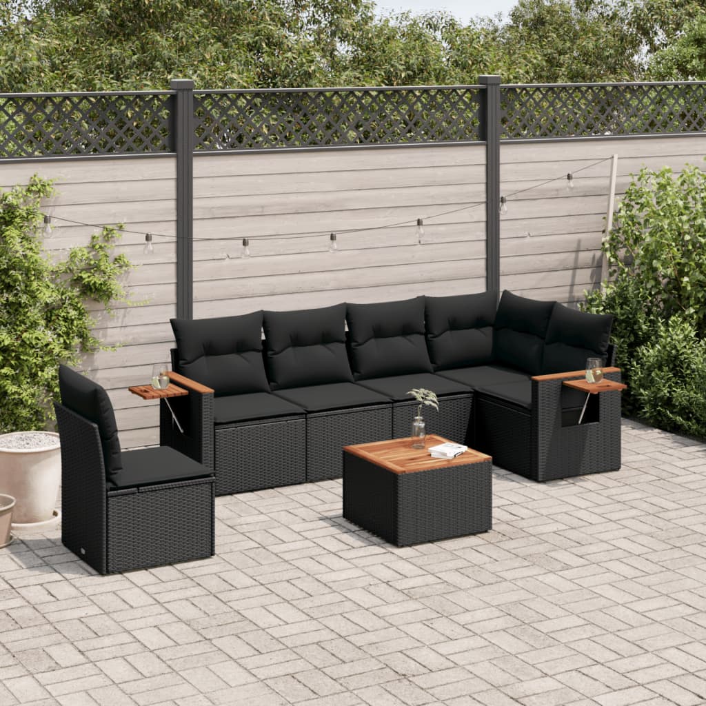 Set Divani Da Giardino Con Cuscini 7pz Nero Polyrattan
