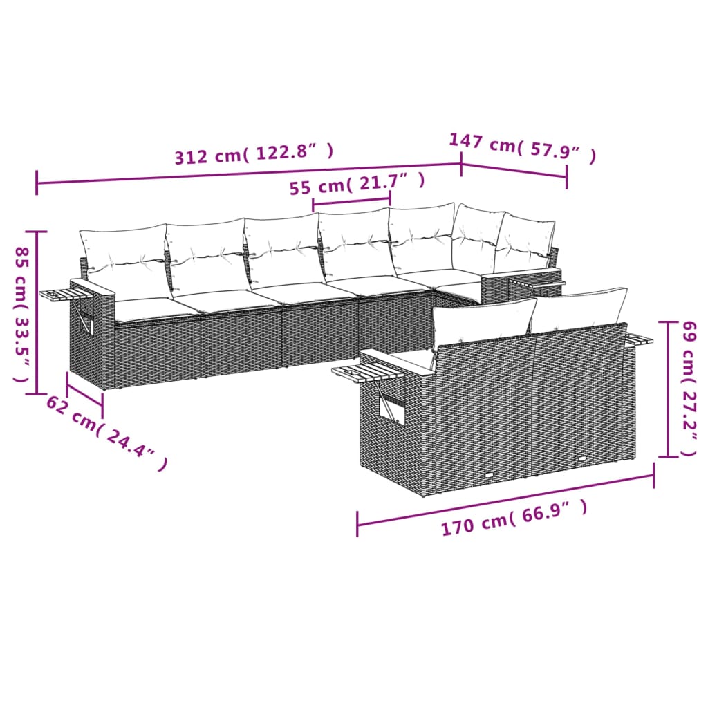 Set Divano Da Giardino 8 Pz Con Cuscini Grigio In Polyrattan - Image 3