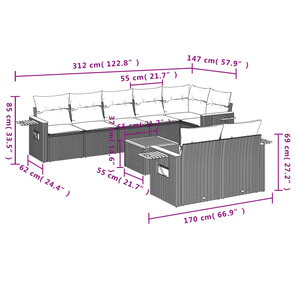 Set Divano Da Giardino 9 Pz Con Cuscini Beige In Polyrattan - Image 3