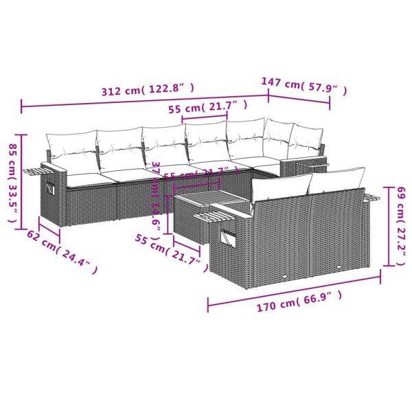 Set Divano Da Giardino 9 Pz Con Cuscini Grigio In Polyrattan - Image 3