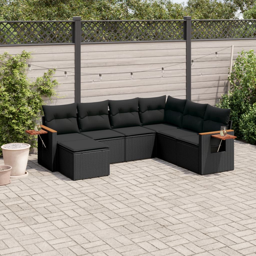 Set Divani Da Giardino Con Cuscini 7pz Nero Polyrattan