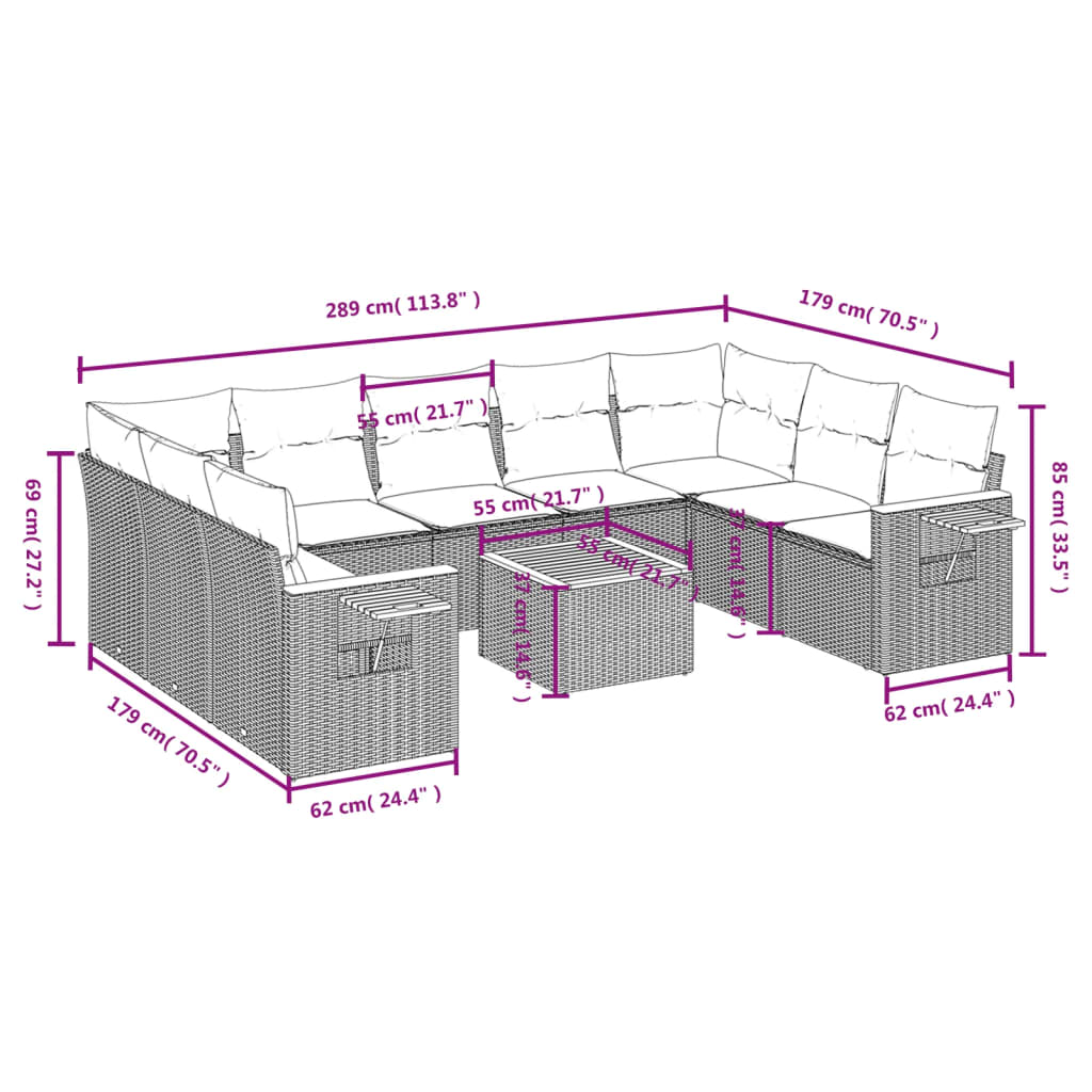 Set Divano Da Giardino 10 Pz Con Cuscini Grigio In Polyrattan - Image 3