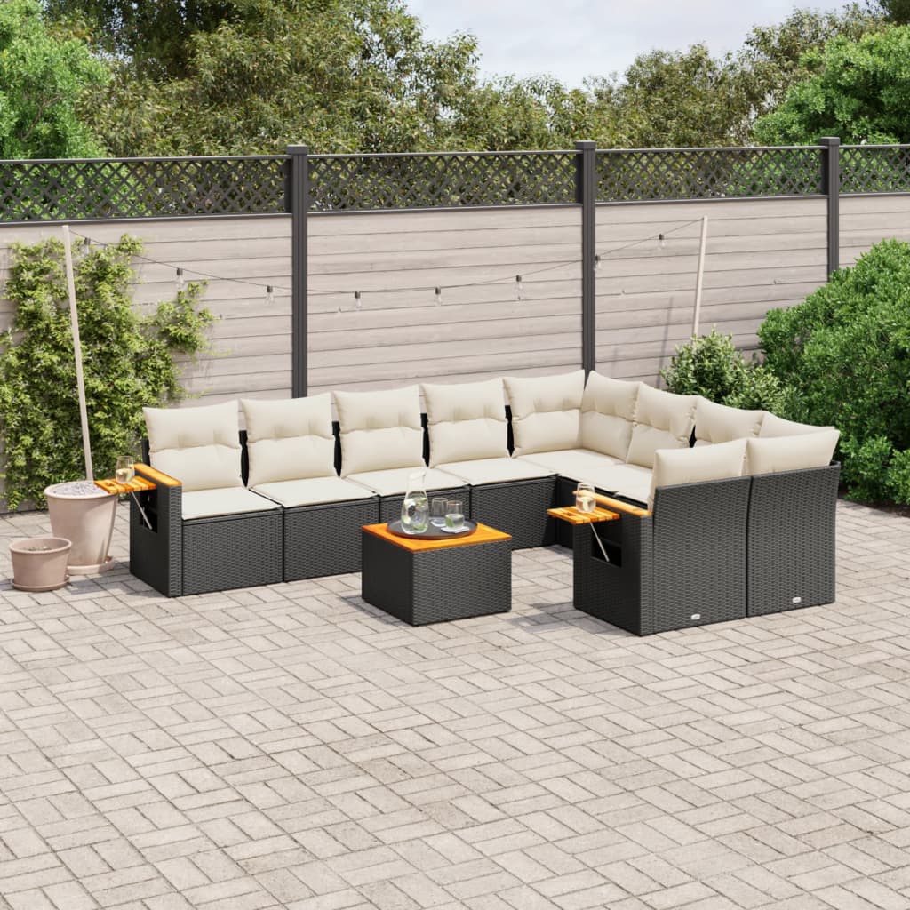 Set Divani Da Giardino 10pz Con Cuscini In Polyrattan Nero