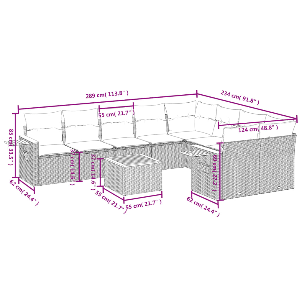 Set Divano Da Giardino 10 Pz Con Cuscini Grigio In Polyrattan - Image 3