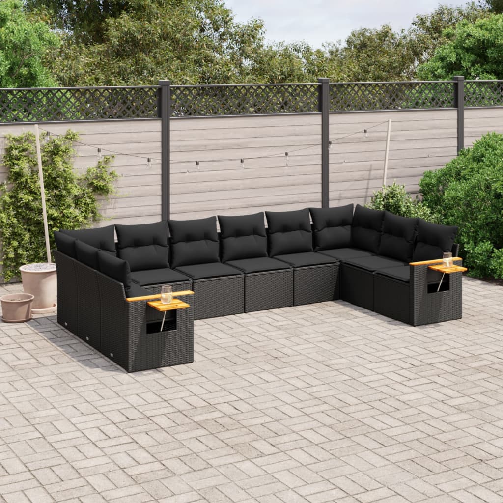 Set Divani Da Giardino 10pz Con Cuscini In Polyrattan Nero