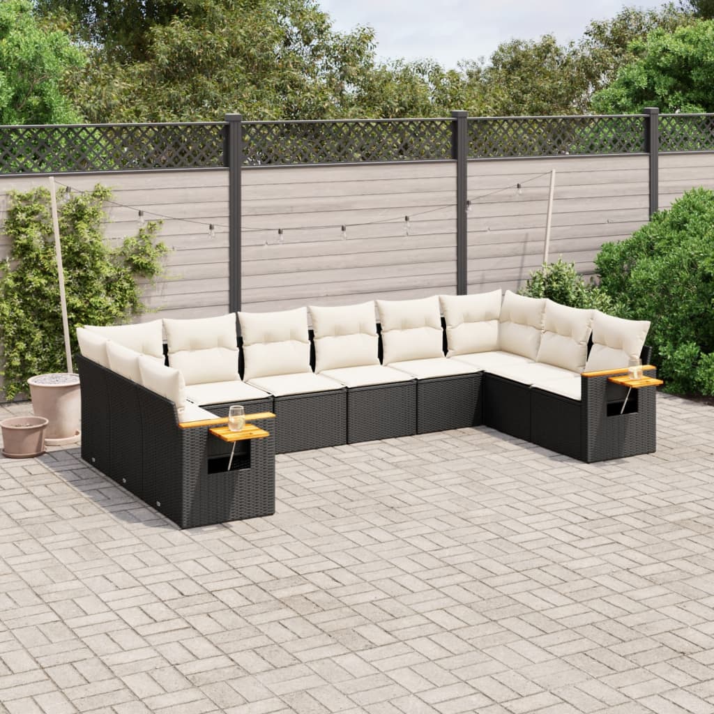 Set Divani Da Giardino 10pz Con Cuscini In Polyrattan Nero