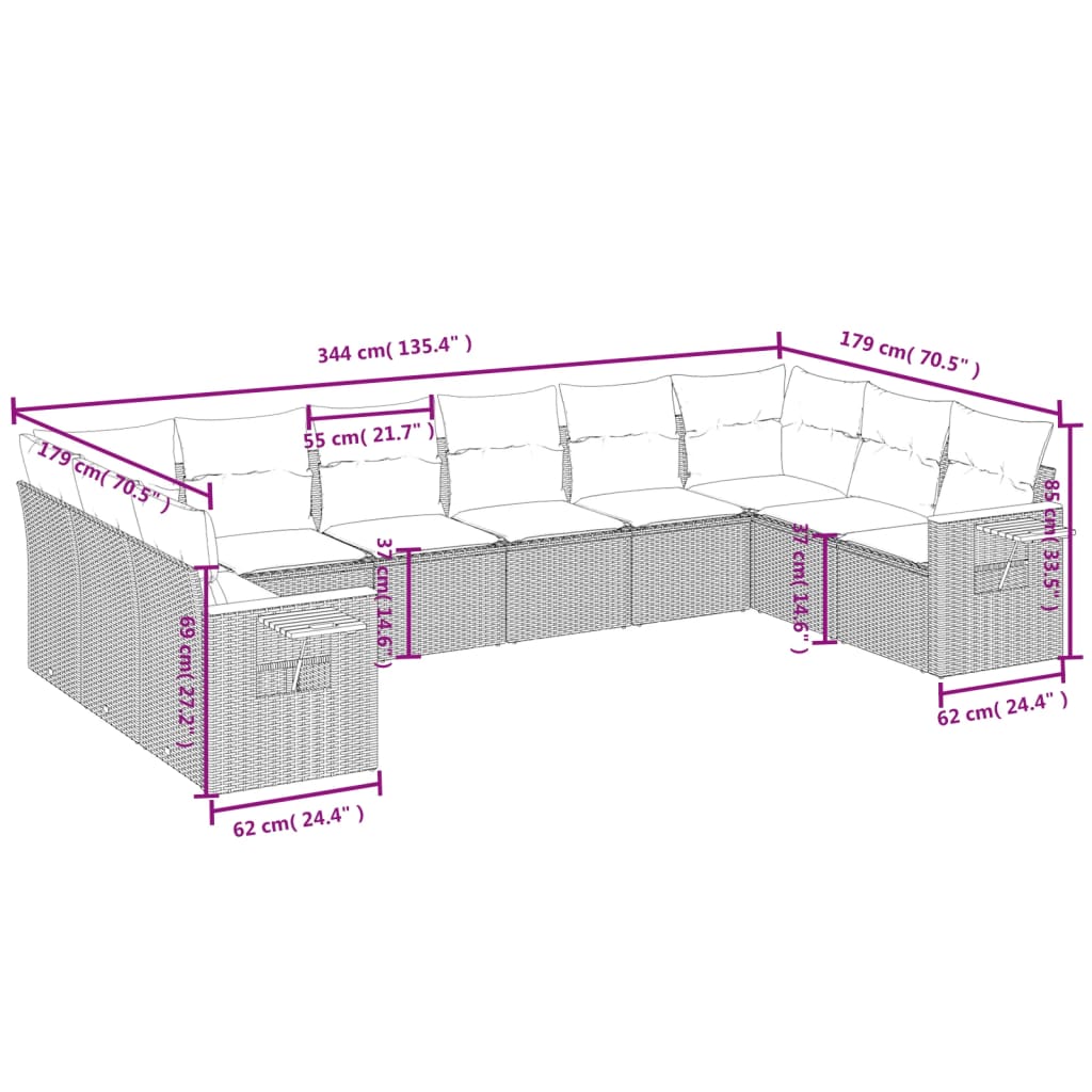 Set Divano Da Giardino 10 Pz Con Cuscini Grigio In Polyrattan - Image 3