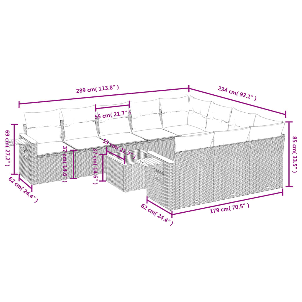 Set Divani Da Giardino 11 Pz Con Cuscini In Polyrattan Grigio - Image 3