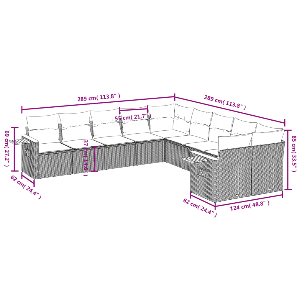 Set Divani Da Giardino 10pz Con Cuscini In Polyrattan Nero - Image 3