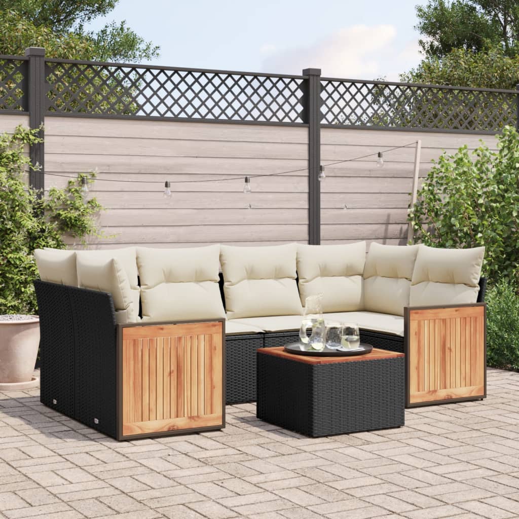 Set Divani Da Giardino Con Cuscini 7pz Nero Polyrattan