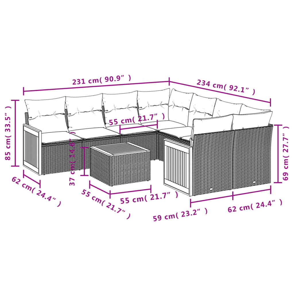 Set Divano Da Giardino 9 Pz Con Cuscini Beige In Polyrattan - Image 3