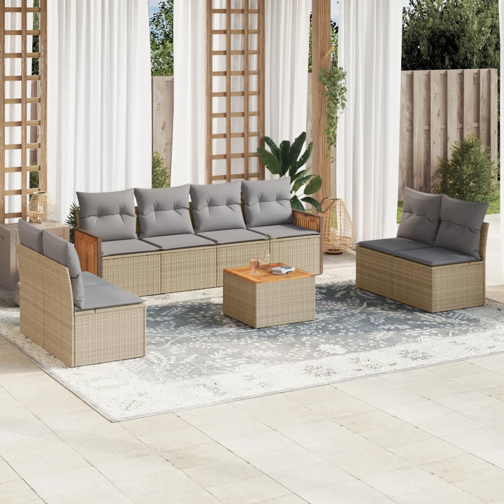 Set Divano Da Giardino 9 Pz Con Cuscini Beige In Polyrattan