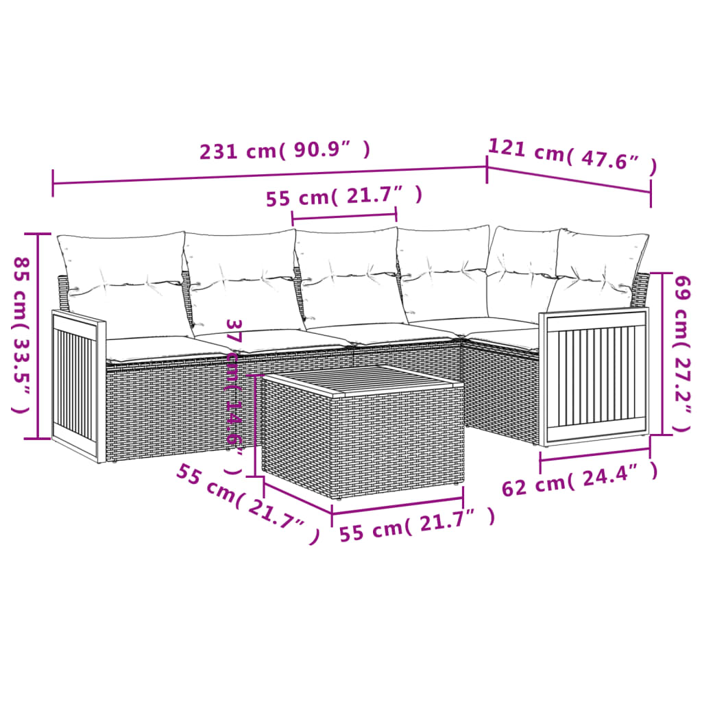 Set Divano Da Giardino 6 Pz Con Cuscini Beige In Polyrattan - Image 3