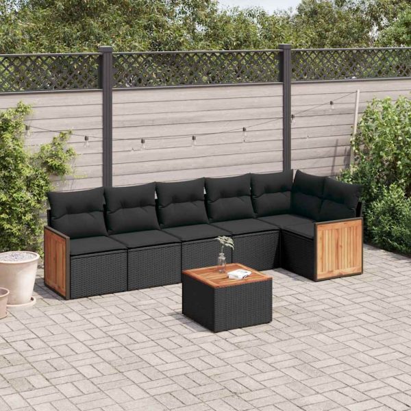 Set Divani Da Giardino Con Cuscini 7pz Nero Polyrattan