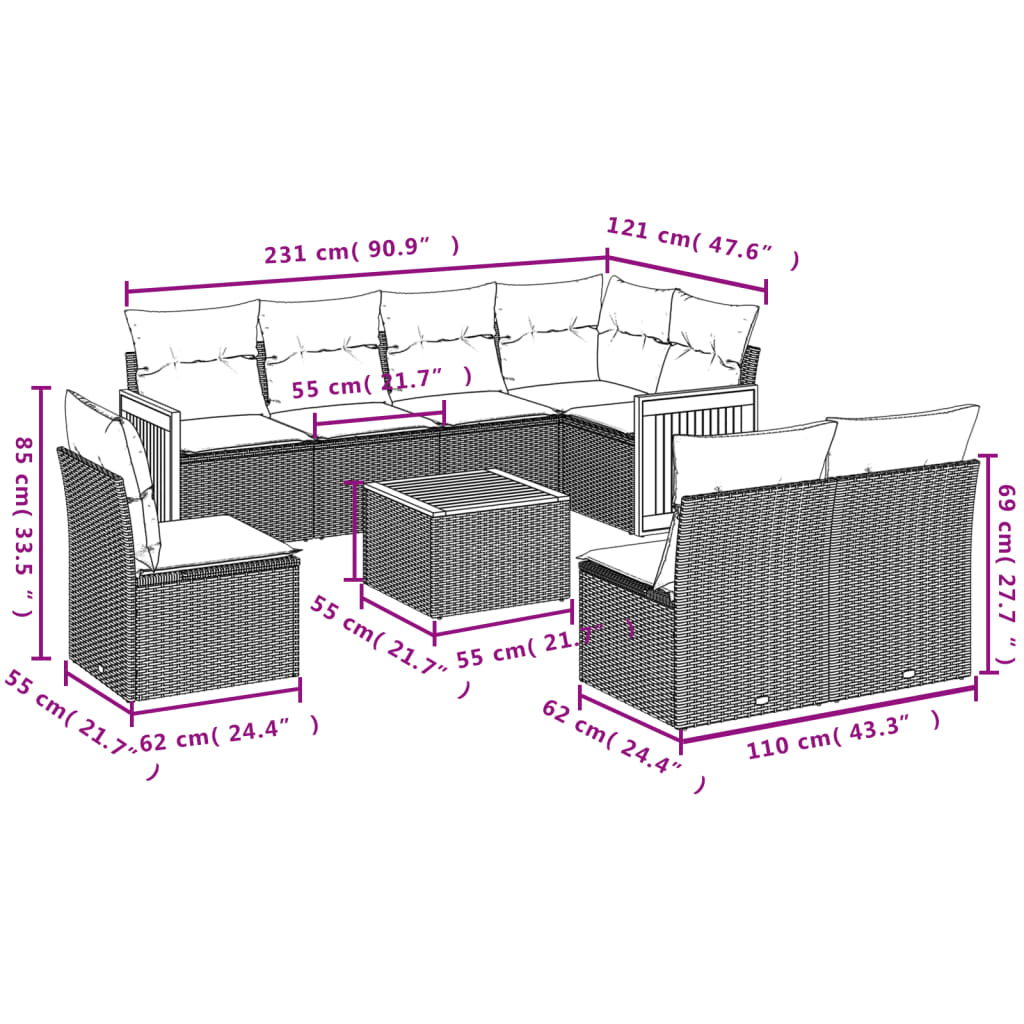 Set Divano Da Giardino 9 Pz Con Cuscini Beige In Polyrattan - Image 3