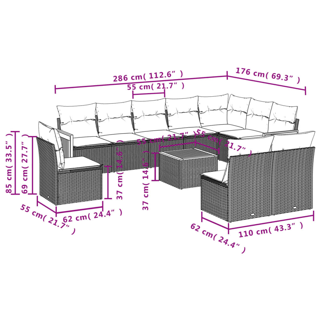 Set Divani Da Giardino 11 Pz Con Cuscini In Polyrattan Grigio - Image 3