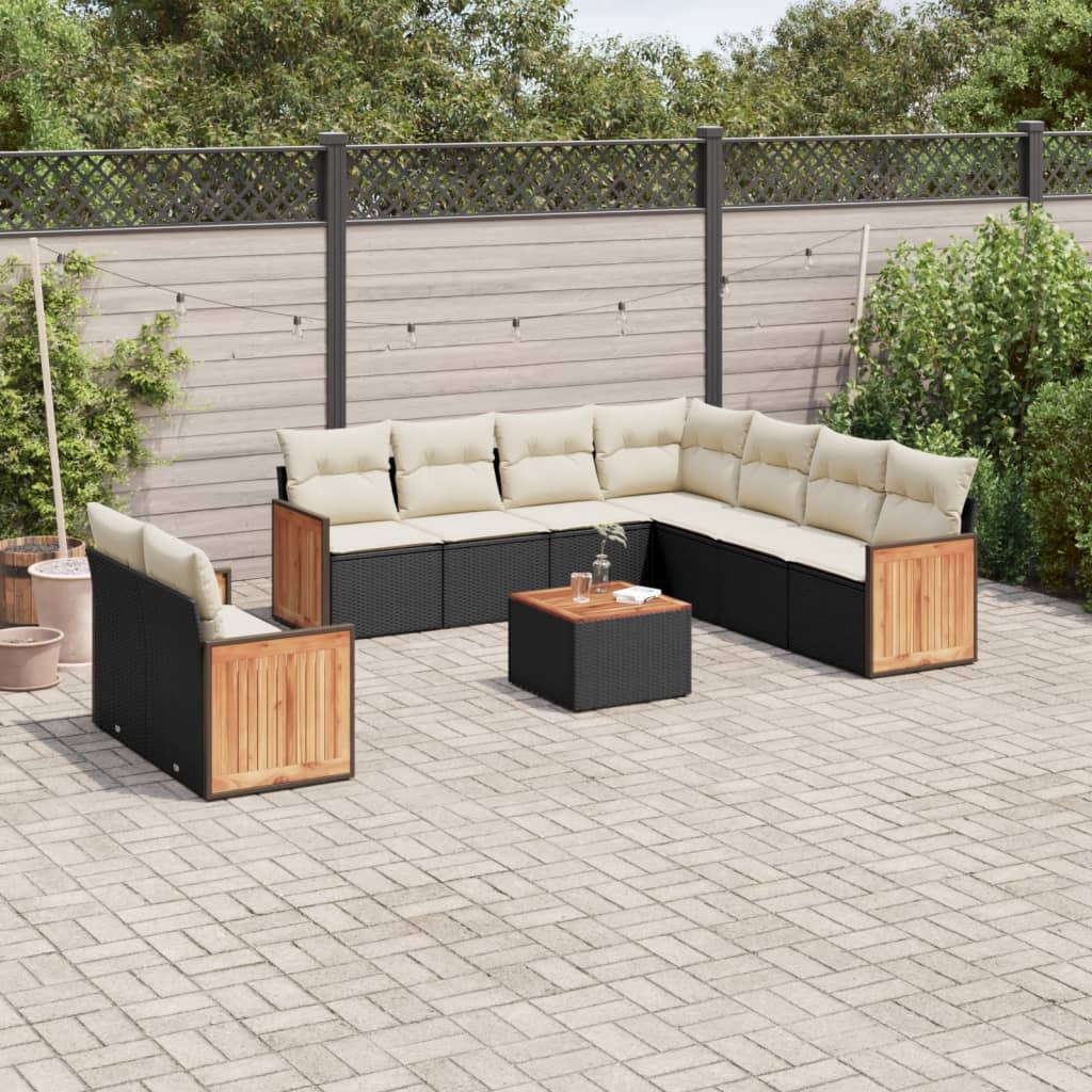 Set Divani Da Giardino 10pz Con Cuscini In Polyrattan Nero