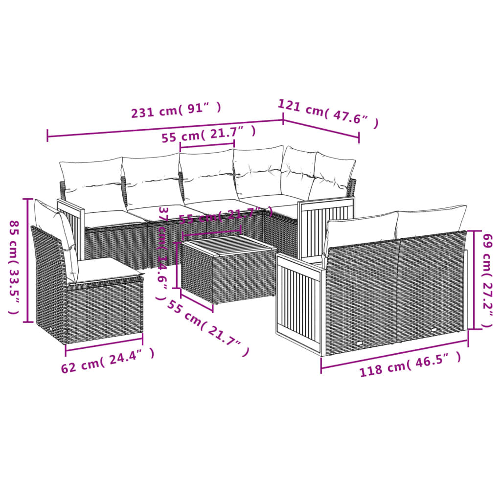 Set Divani Da Giardino 9 Pz Con Cuscini Nero In Polyrattan - Image 3