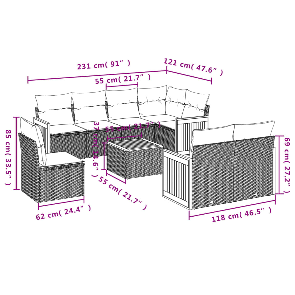 Set Divano Da Giardino 9 Pz Con Cuscini Beige In Polyrattan - Image 3