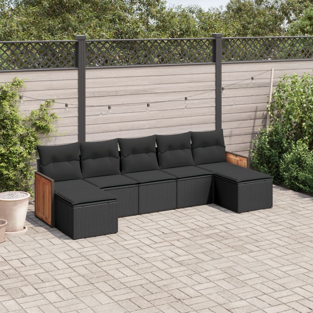 Set Divani Da Giardino Con Cuscini 7pz Nero Polyrattan