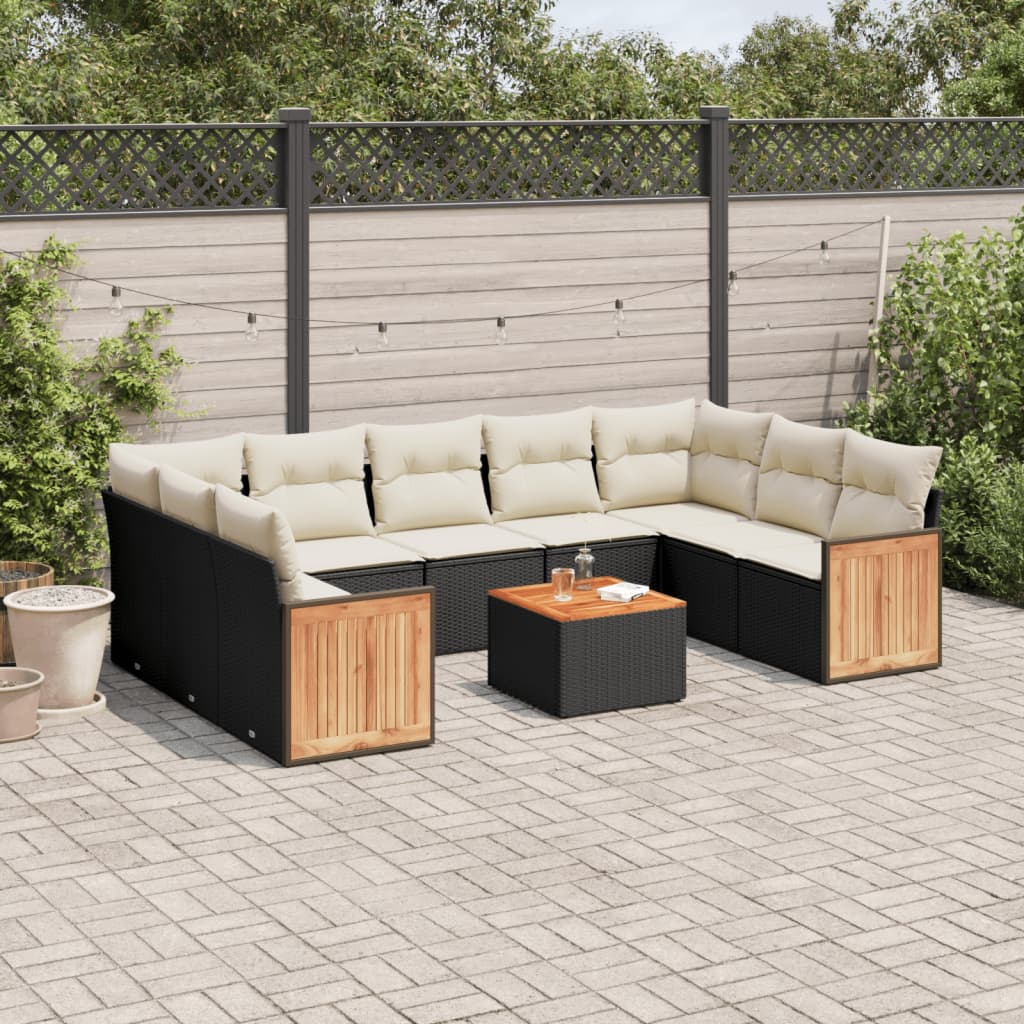 Set Divani Da Giardino 10pz Con Cuscini In Polyrattan Nero