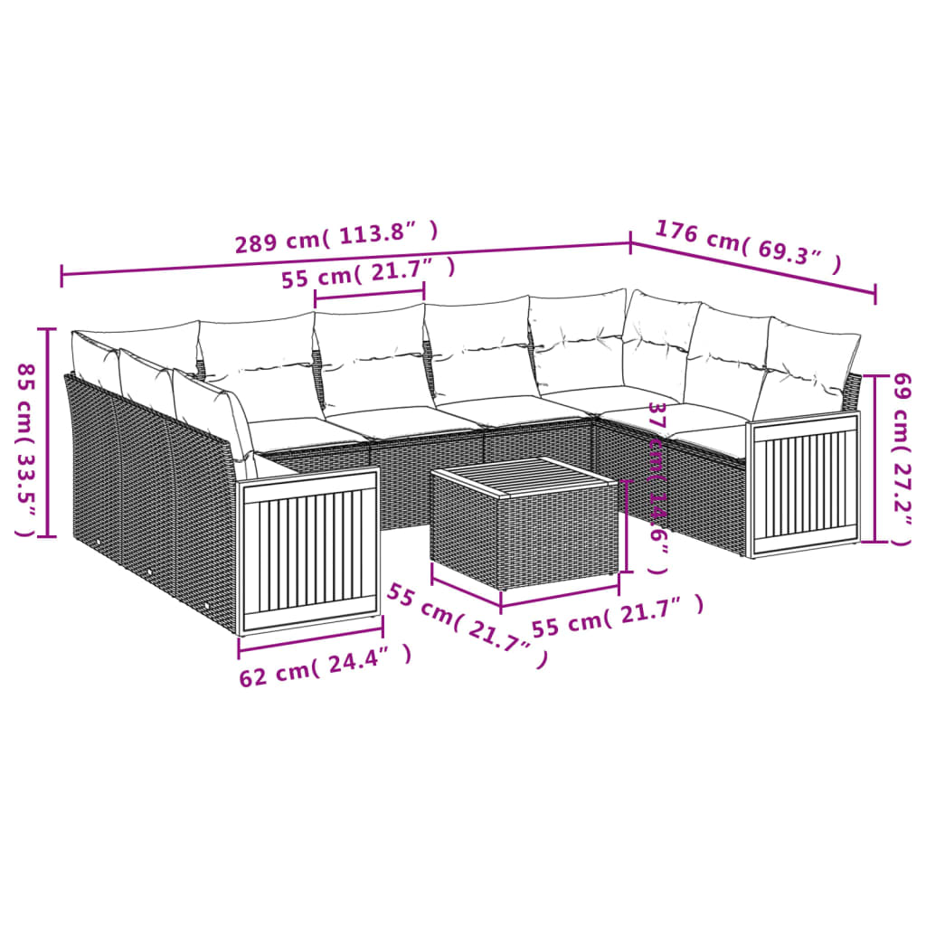 Set Divani Da Giardino 10pz Con Cuscini In Polyrattan Nero - Image 3
