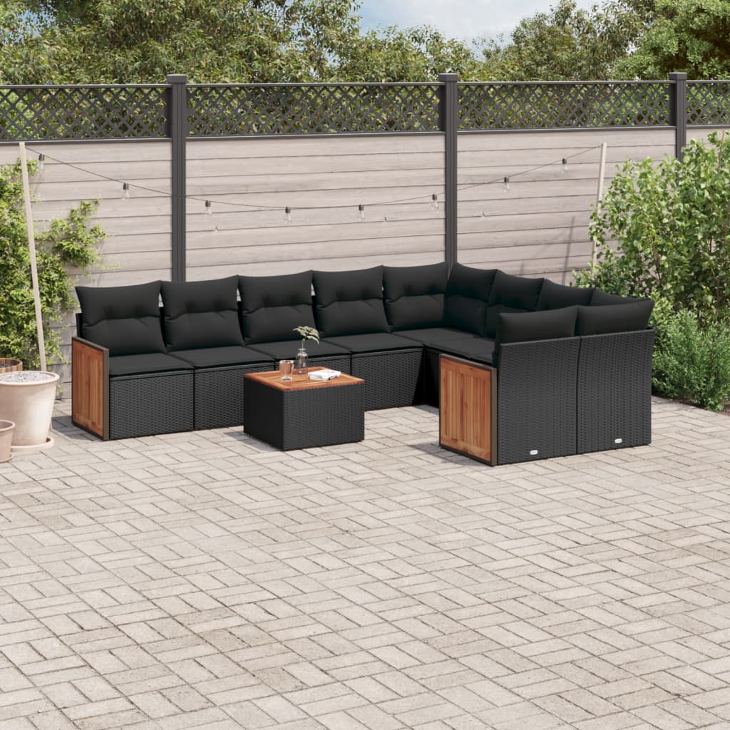 Set Divani Da Giardino 10pz Con Cuscini In Polyrattan Nero