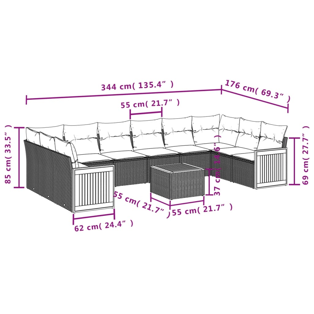 Set Divani Da Giardino 11 Pz Con Cuscini In Polyrattan Nero - Image 3