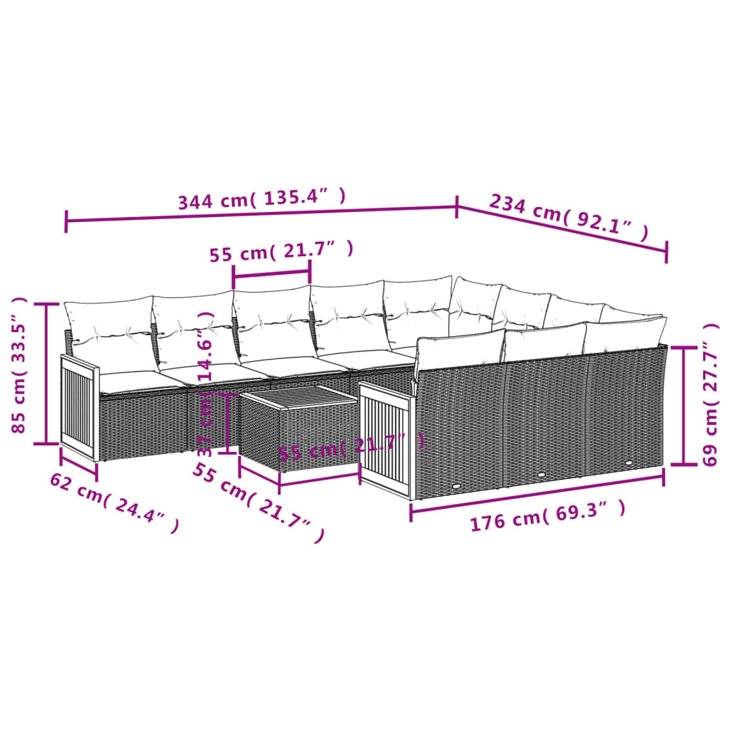 Set Divani Da Giardino 11 Pz Con Cuscini In Polyrattan Nero - Image 3