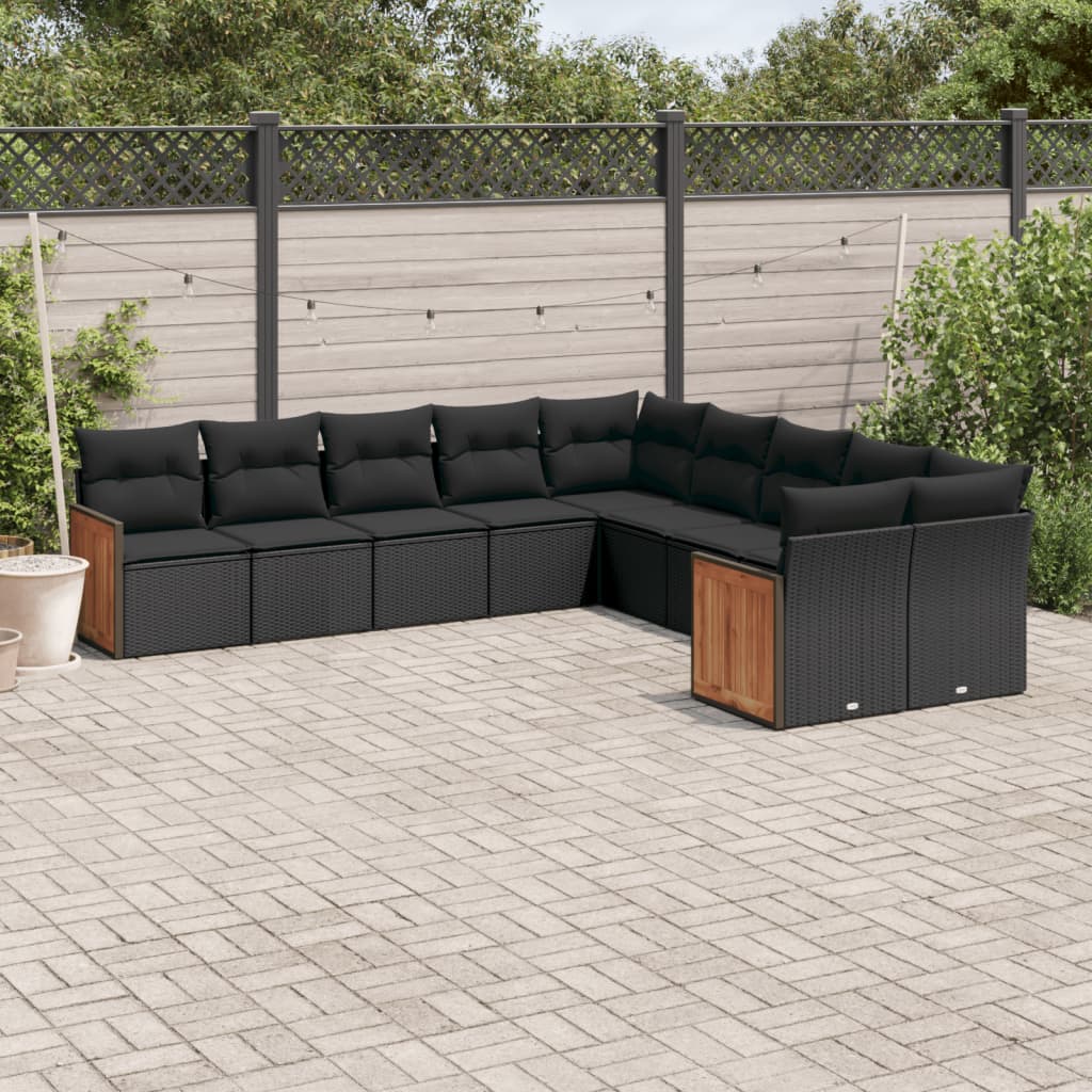 Set Divani Da Giardino 10pz Con Cuscini In Polyrattan Nero