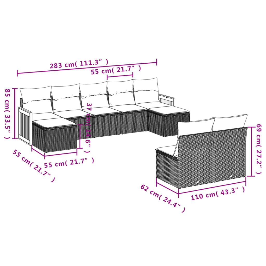 Set Divani Da Giardino 9 Pz Con Cuscini Nero In Polyrattan - Image 3