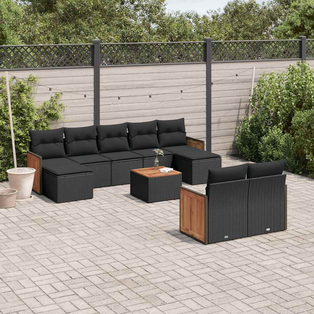 Set Divani Da Giardino 10pz Con Cuscini In Polyrattan Nero