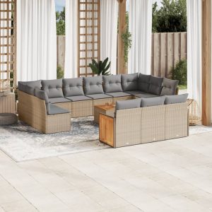 Set Divani Da Giardino 14pz Con Cuscini In Polyrattan Beige