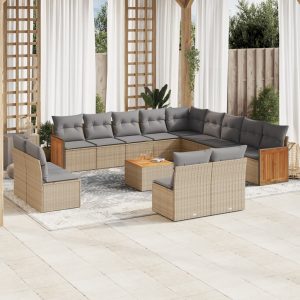Set Divani Da Giardino 14pz Con Cuscini In Polyrattan Beige