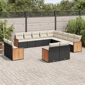 Set Divani Da Giardino 13pz Con Cuscini Nero In Polyrattan