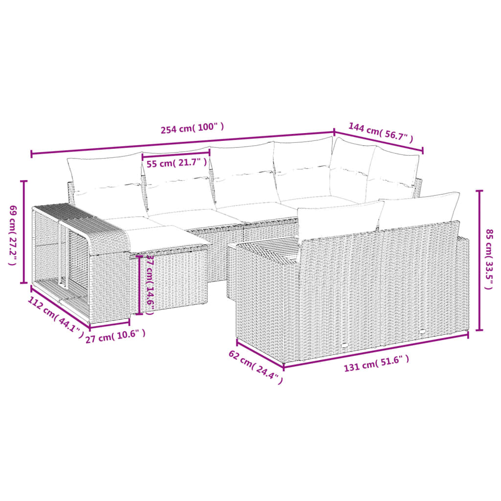 Set Divani Da Giardino 11 Pz Con Cuscini In Polyrattan Nero - Image 3