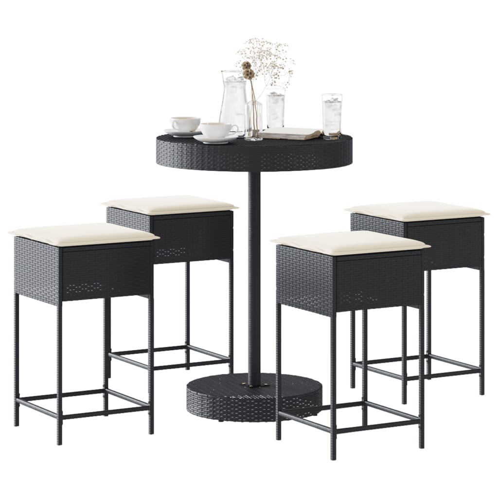 Set Bar Da Giardino 5 Pz Con Cuscini In Polyrattan Nero