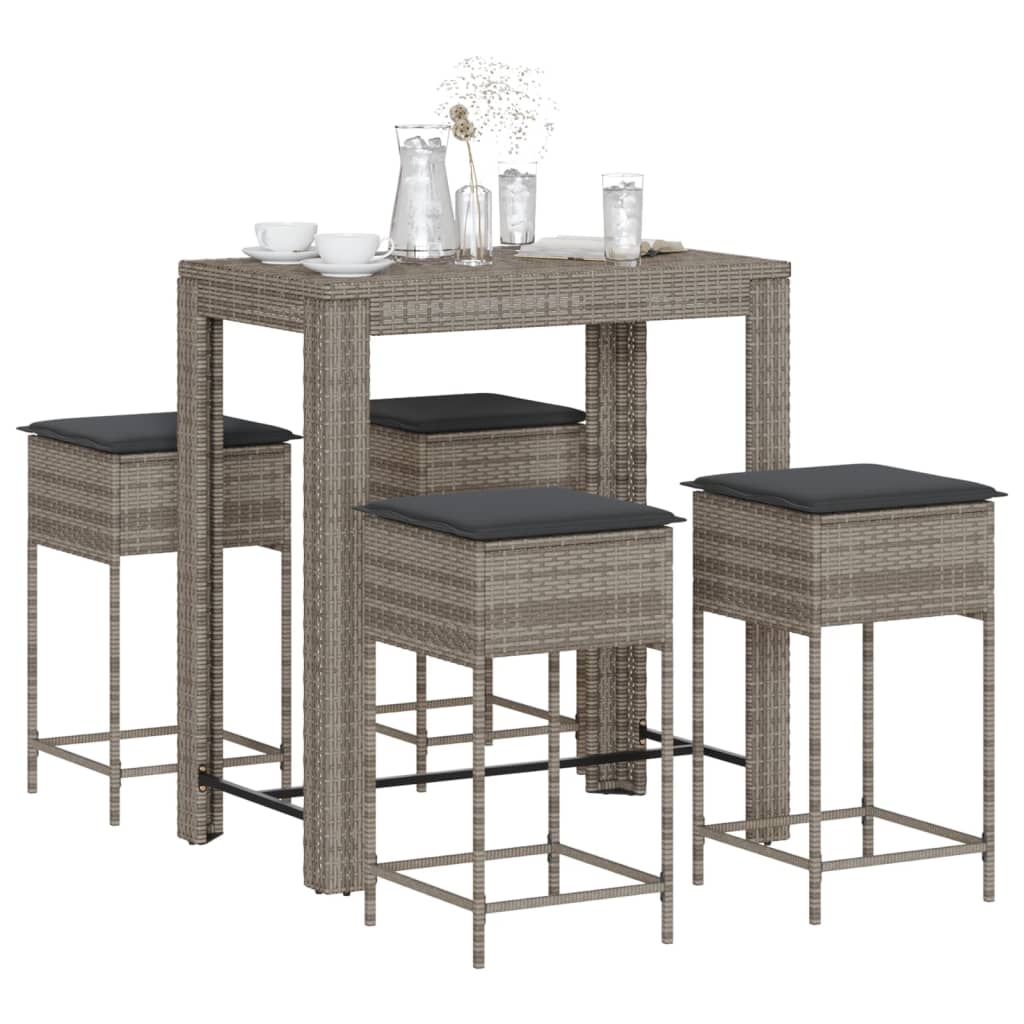 Set Bar Da Giardino 5 Pz Con Cuscini In Polyrattan Grigio