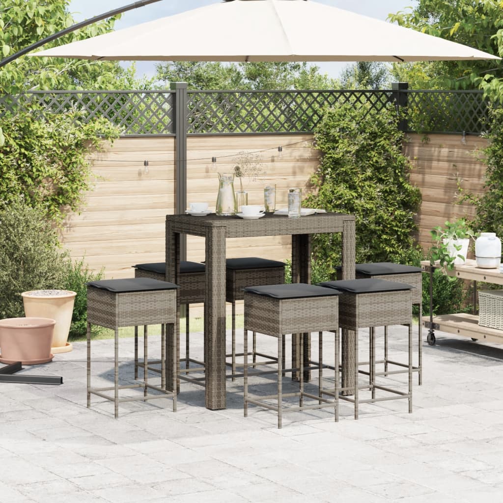 Set Bar Da Giardino 7 Pz Con Cuscini In Polyrattan Grigio - Image 3