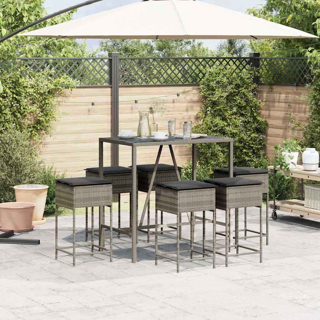 Set Bar Da Giardino 7 Pz Con Cuscini In Polyrattan Grigio - Image 3