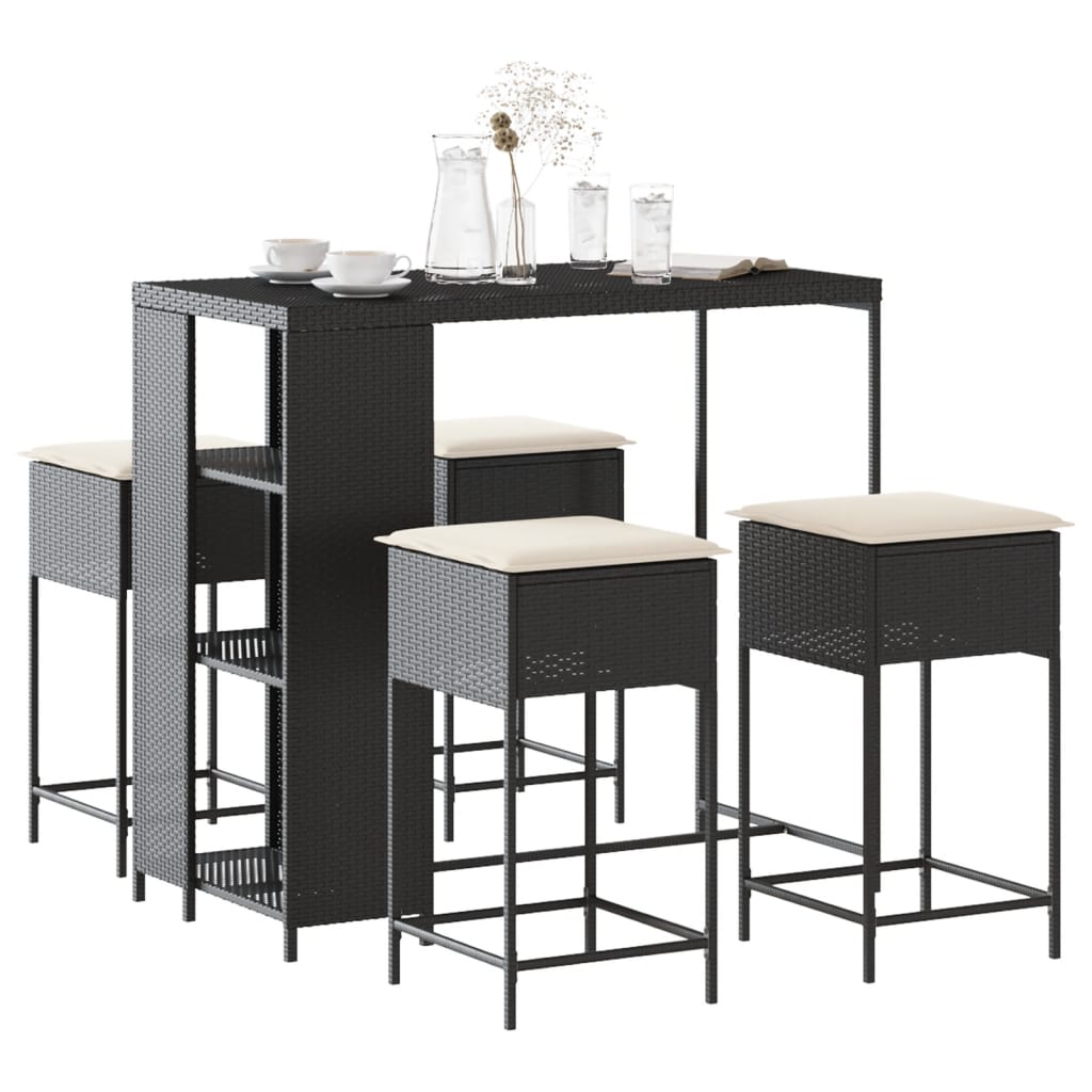 Set Bar Da Giardino 5 Pz Con Cuscini In Polyrattan Nero