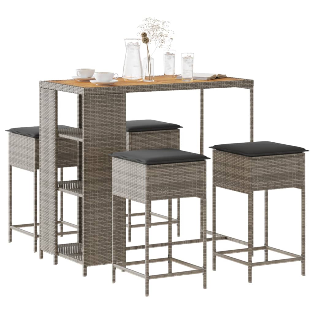 Set Bar Da Giardino 5 Pz Con Cuscini In Polyrattan Grigio