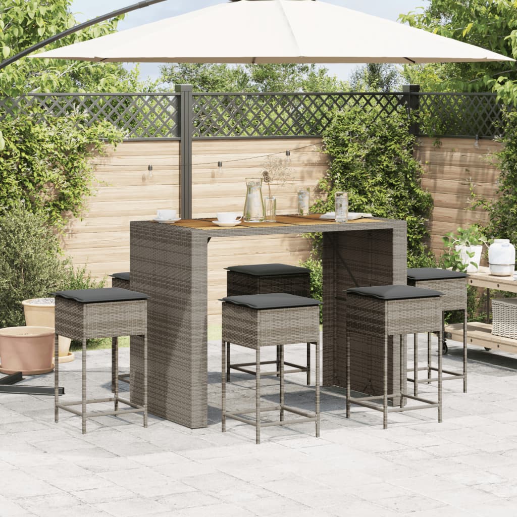 Set Bar Da Giardino 7 Pz Con Cuscini In Polyrattan Grigio - Image 3