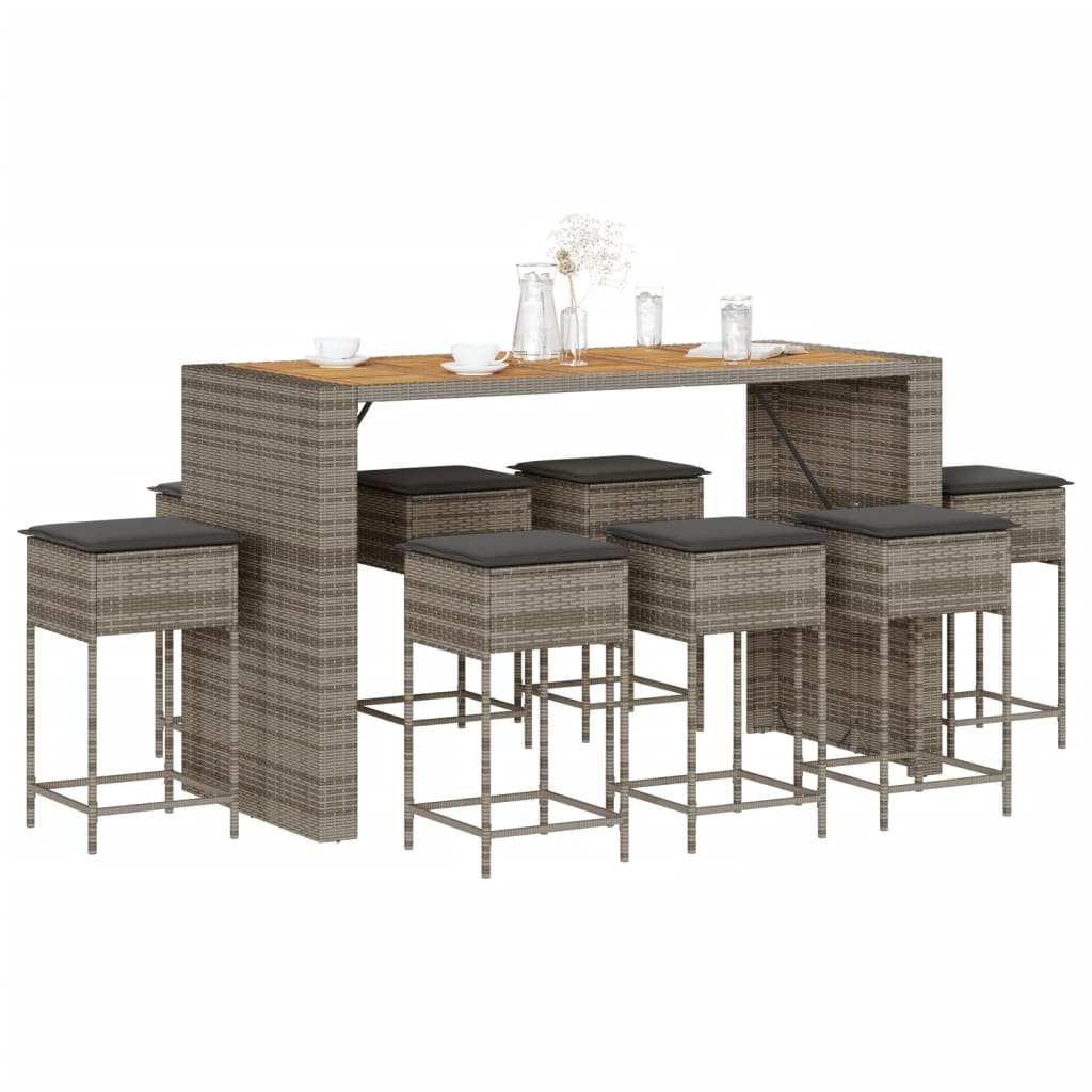 Set Bar Da Giardino 9 Pz Con Cuscini In Polyrattan Grigio