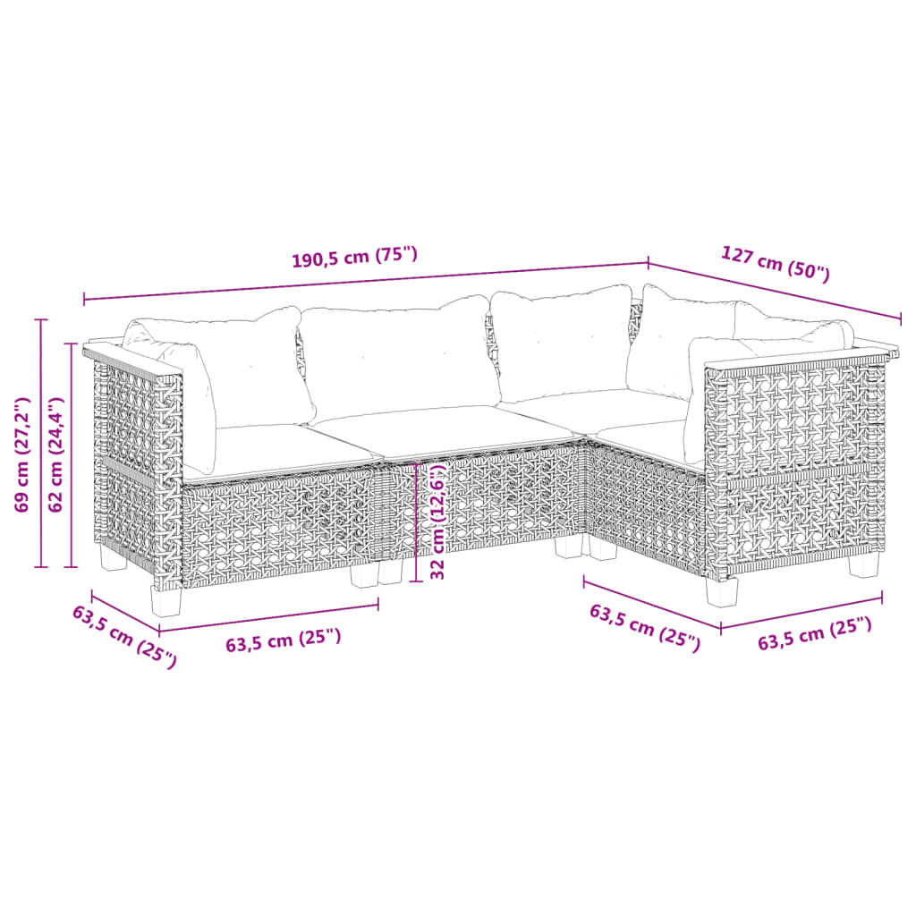 Set Divani Da Giardino 4 Pz Con Cuscini In Polyrattan Grigio - Image 6