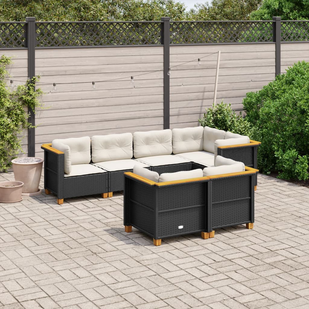 Set Divani Da Giardino Con Cuscini 7pz Nero Polyrattan